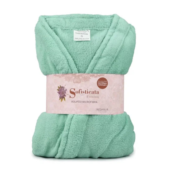 Roupão Microfibra Plush Manga Curta - Toque extra macio com bolsos - cor hortência - verde água