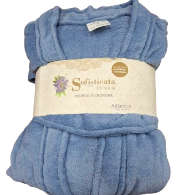 Roupão Microfibra Plush Manga Curta - Toque extra macio com bolsos - cor lua azul (azul claro)