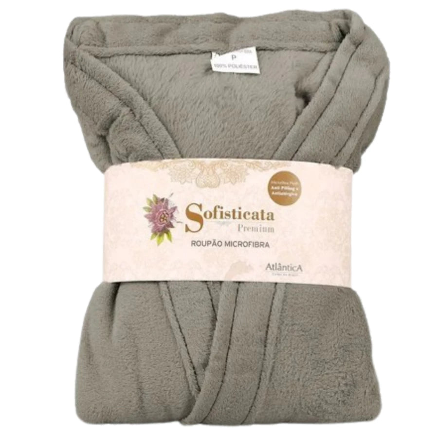 Roupão Microfibra Plush Manga Curta - Toque extra macio com bolsos - cor névoa (cinza um pouco marrom)