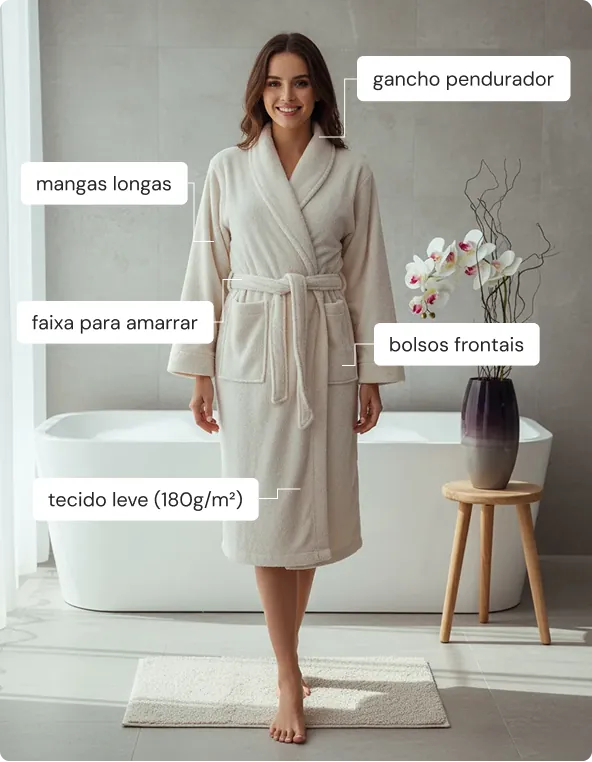 Roupão Microfibra Plush Manga Longa Toque Extra Macio - destaques do produto: gancho pendurador, mangas longas, bolsos frontais, faixa para amarrar, tecido leve e quentinho (180 gramas por metro quadrado) 